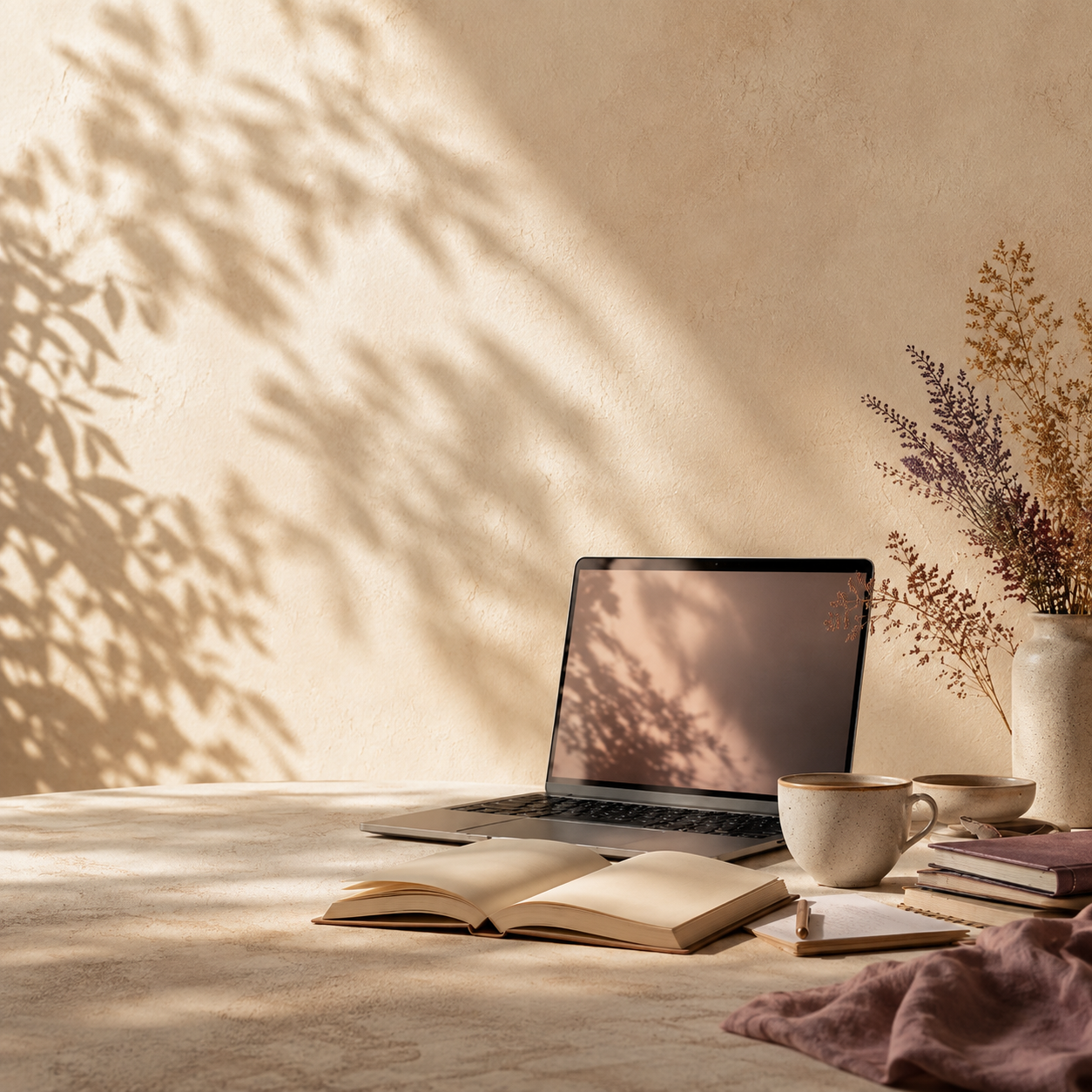 Laptop mit Büchern und Naturmotiven im warmen Licht