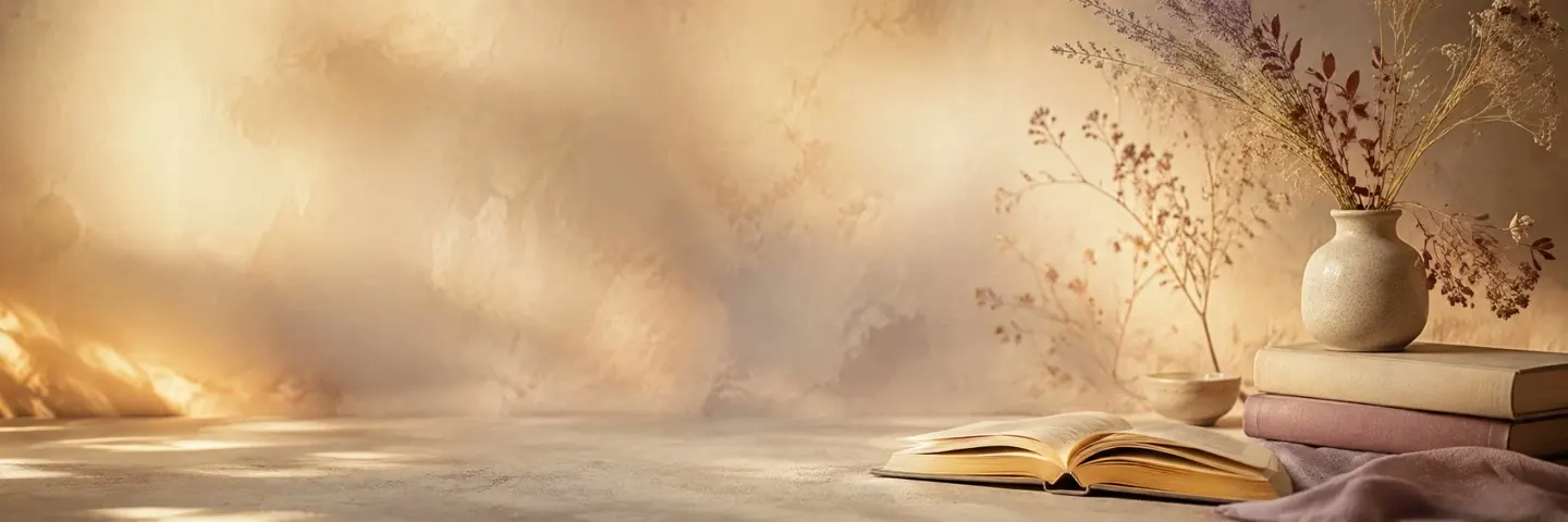 Bücherstapel mit Trockenblumen und Schattenblättern im warmen Licht